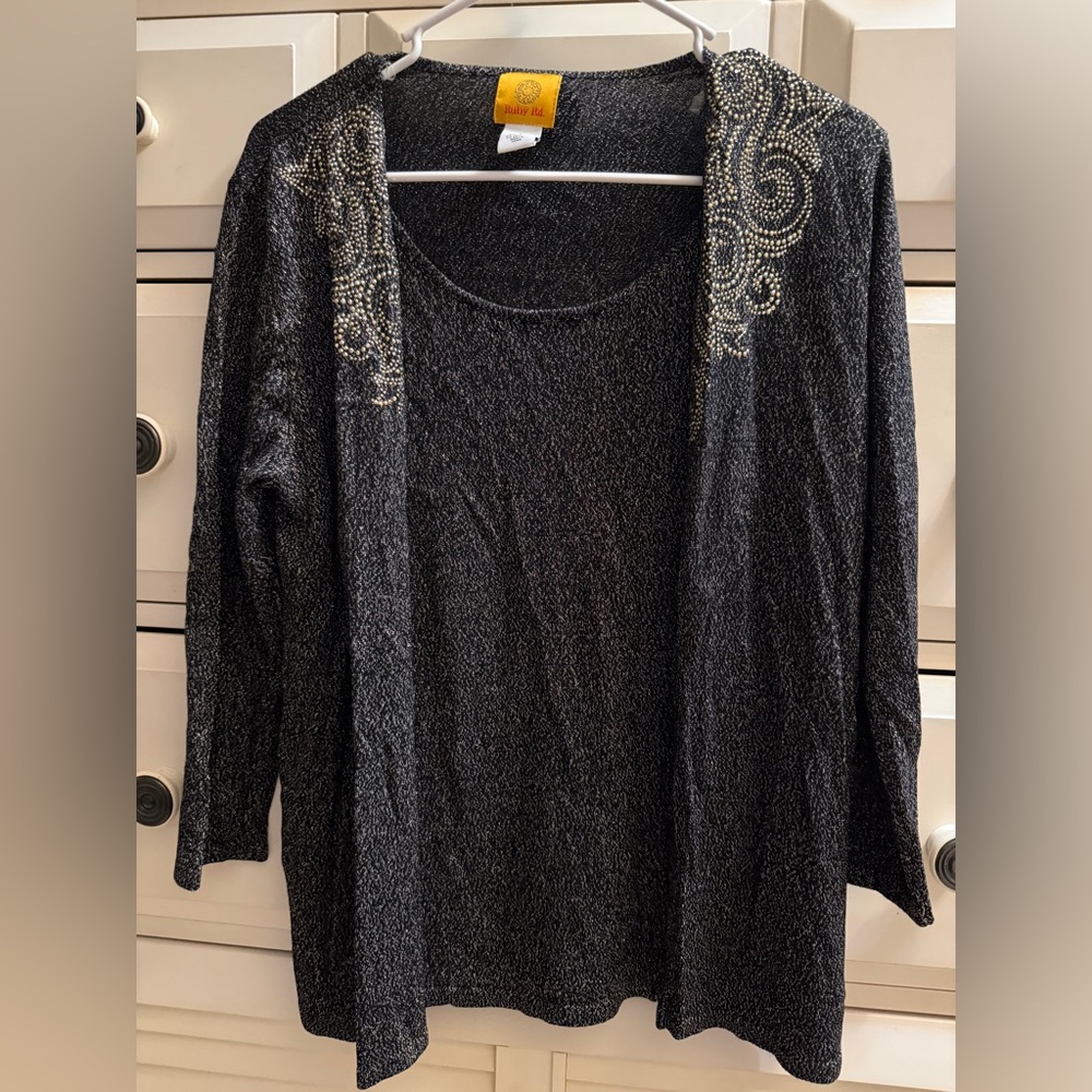 Ruby Rd. Black Cardigan with Silver Embellishments